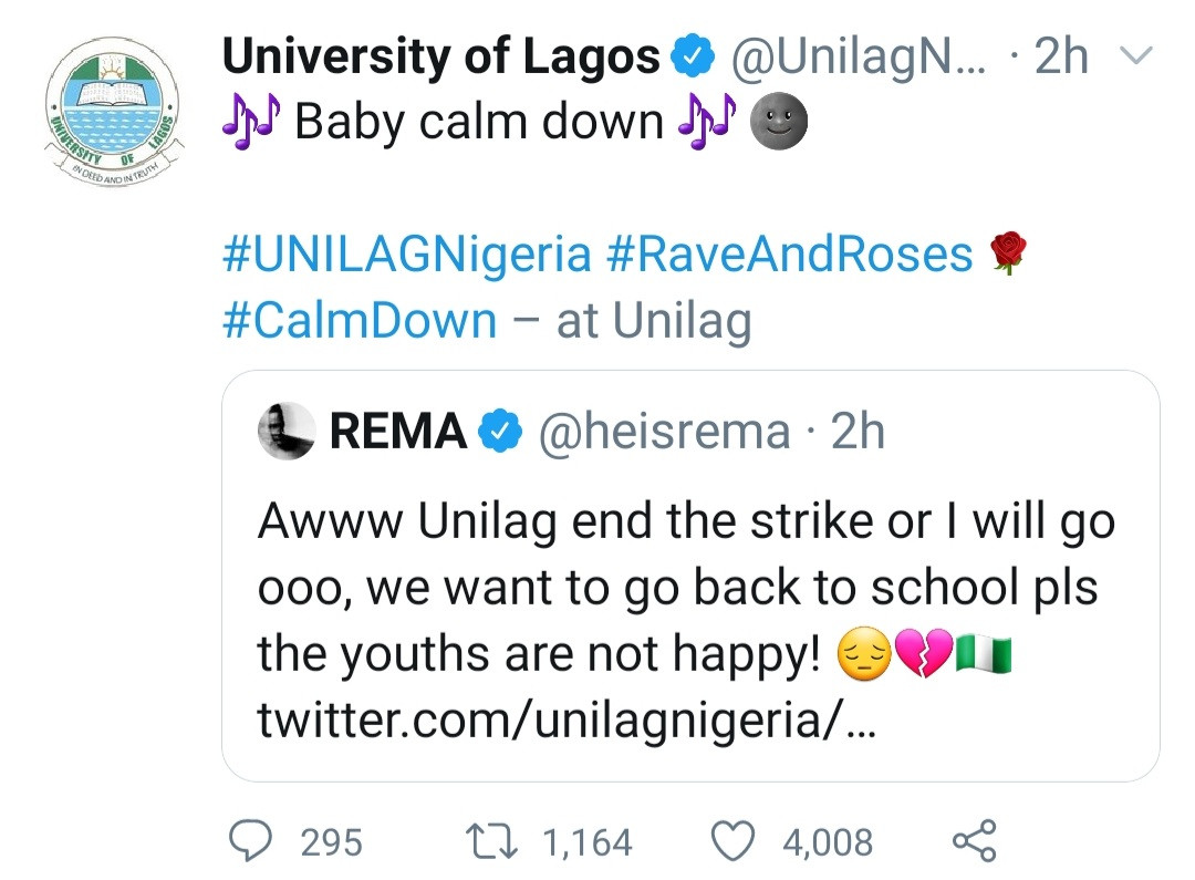 "Baby calm down" Unilag replies Rema after he complained about ASUU strike delaying him from resuming school