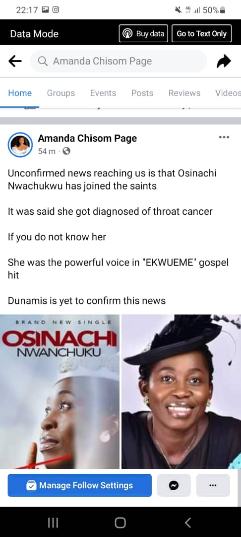 Osinachi Nwachukwu is dead