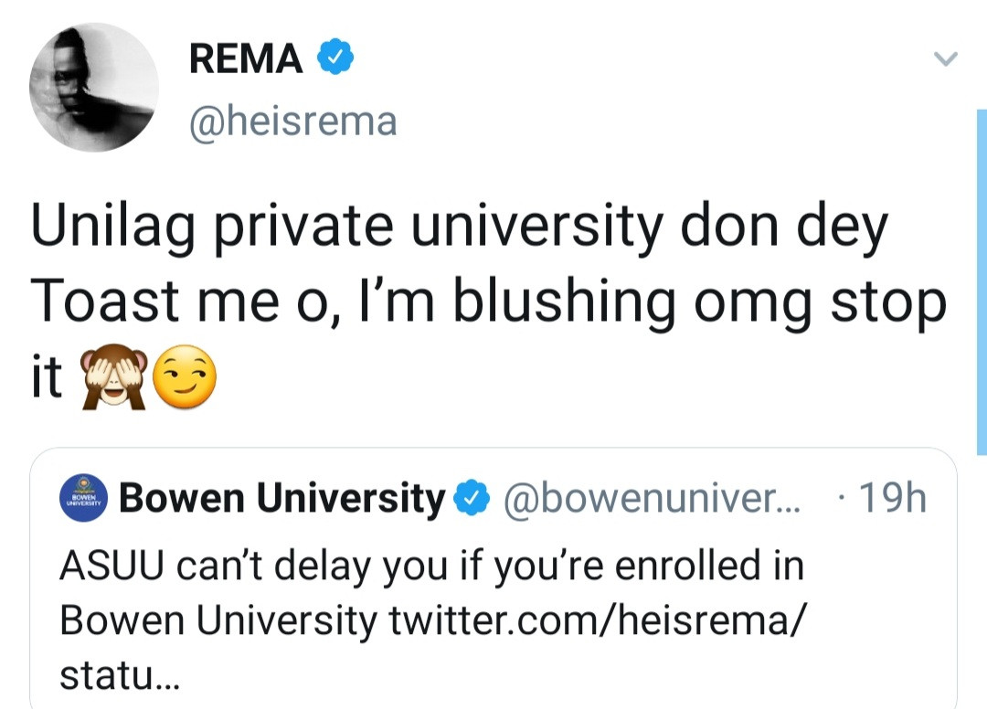 "Baby calm down" Unilag replies Rema after he complained about ASUU strike delaying him from resuming school