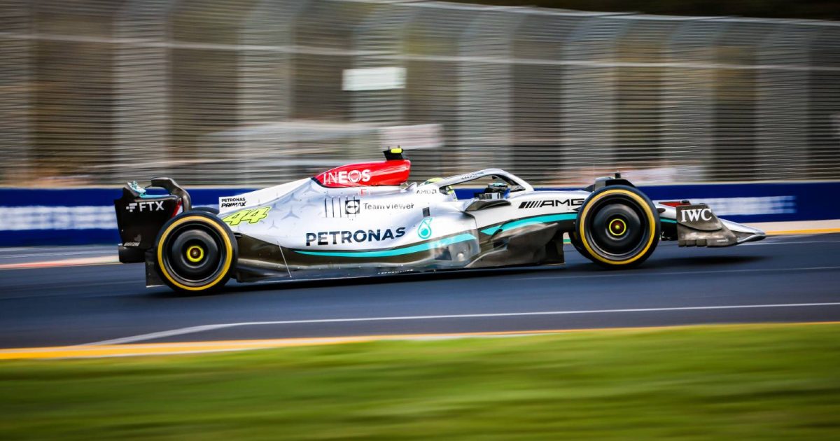 Side-on view of Lewis Hamilton's Mercedes. Melbourne April 2022.