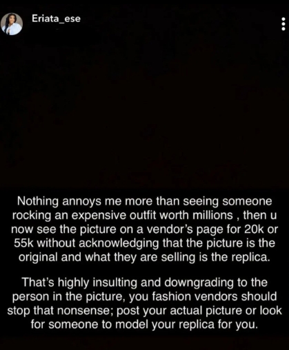 Reality TV star, Ese Eriata, issues stern warning to online fashion vendors