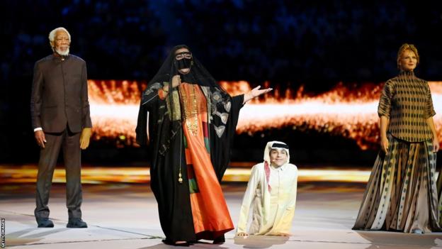 Morgan Freeman and Ghanim Al-Muftah alongside Qatari singer Dana al-Fardan