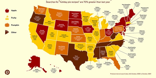 The top trending pies in each state across America according to Pinterest for the 2022 Thanksgiving season - varieties include apple, fruity, pumpkin, and other.