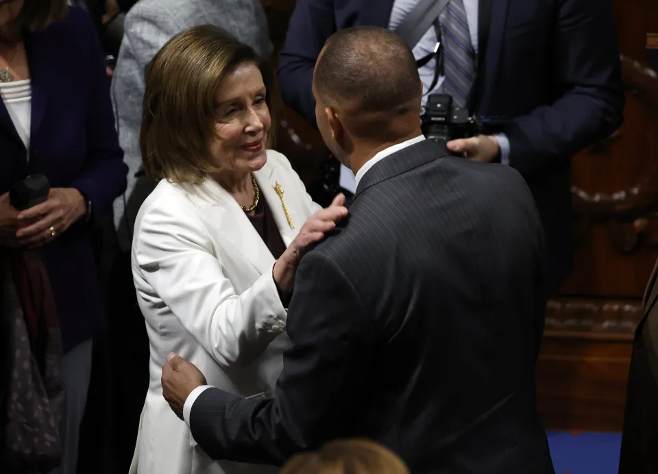 House Speaker Nancy Pelosi talks to Rep. Hakeem Jeffries, D-N.Y., on Nov. 17 after Pelosi announced would not seek a leadership role in the upcoming Congress. (Photo by Anna Moneymaker/Getty Images)