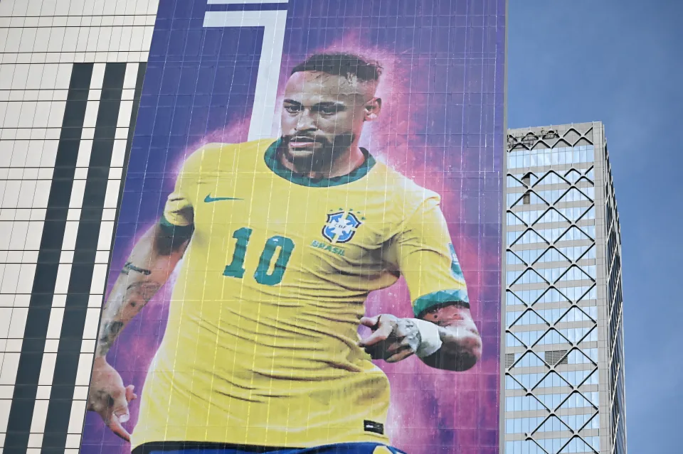 A large picture of Brazil forward Neymar Jr is displayed on a building in Doha on November 6, 2022, ahead of the Qatar 2022 FIFA World Cup football tournament. (Photo by Gabriel BOUYS / AFP) (Photo by GABRIEL BOUYS/AFP via Getty Images)