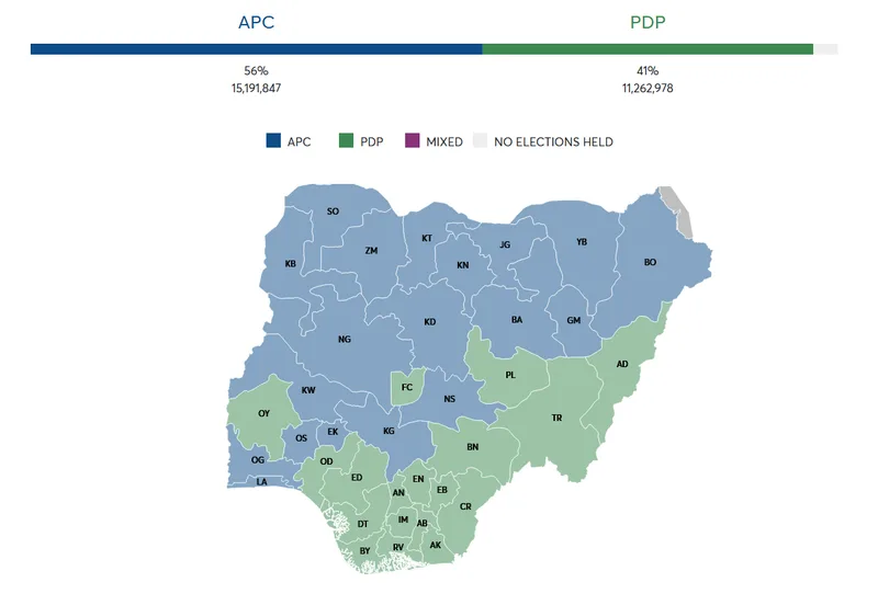 A screenshot showing the map of results of Nigeria's 2019 presidential elections