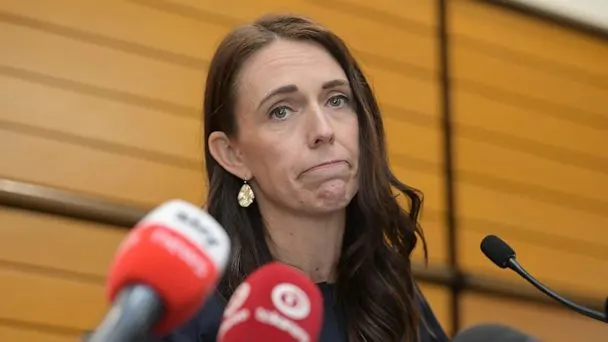PHOTO: Prime Minister Jacinda Ardern announces her resignation at the War Memorial Centre on Jan. 19, 2023, in Napier, New Zealand. (Kerry Marshall/Getty Images)