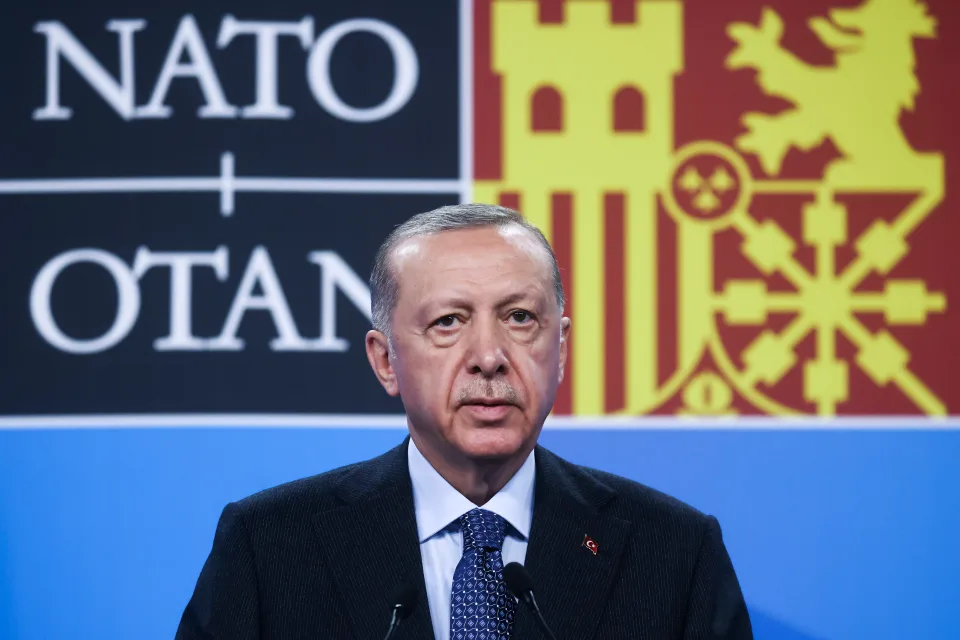 President of Turkey Recep Tayyip Erdogan is holding a press conference during NATO Summit at the IFEMA congress centre in Madrid, Spain on June 30, 2022.