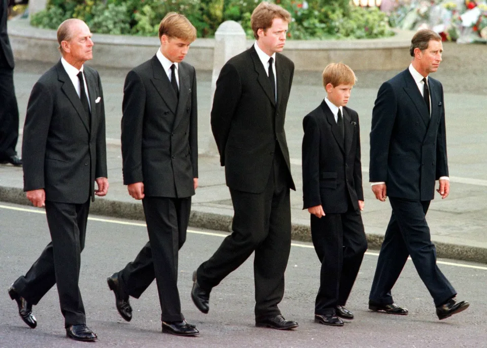 Prince Philip, left, Prince William, Earl Spencer, Prince Harry and Prince Charles walk to Westminster Abbey for the funeral service for Princess Diana on Sept. 6, 1997.