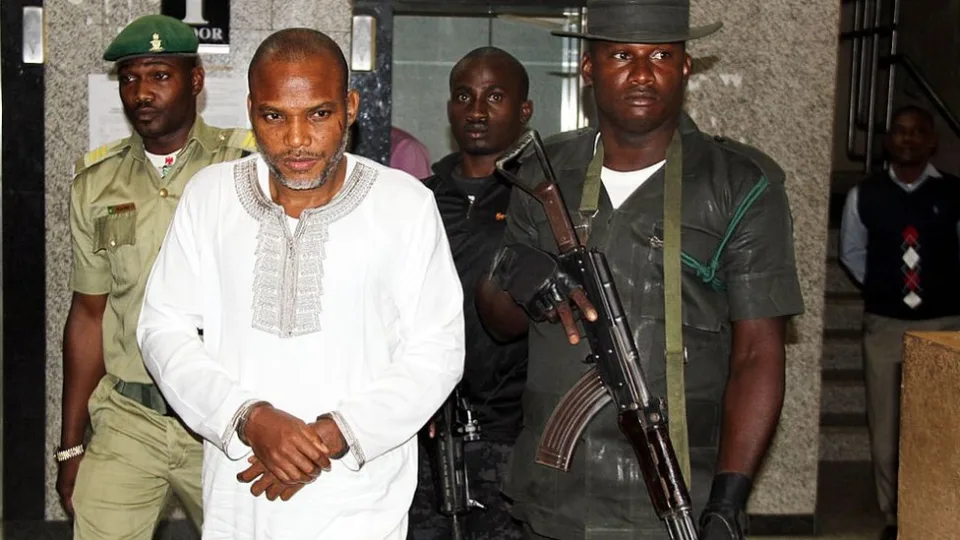 Nnamdi Kanu (C) attends a trial for treasonable felony at the Federal High court in Abuja, on February 9, 2016.