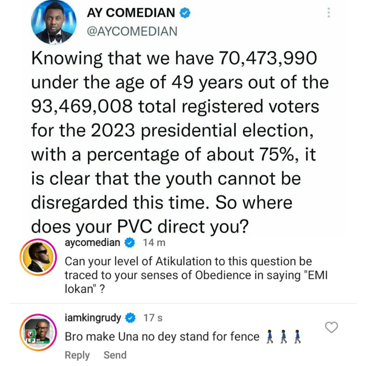 2023 elections: Singer Paul Okoye tells comedian AY Makun to stop sitting on the fence