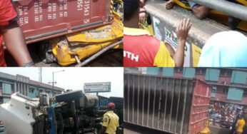 Breaking: Panic As Container falls on fully-loaded commercial bus in Lagos (graphic photos/video)