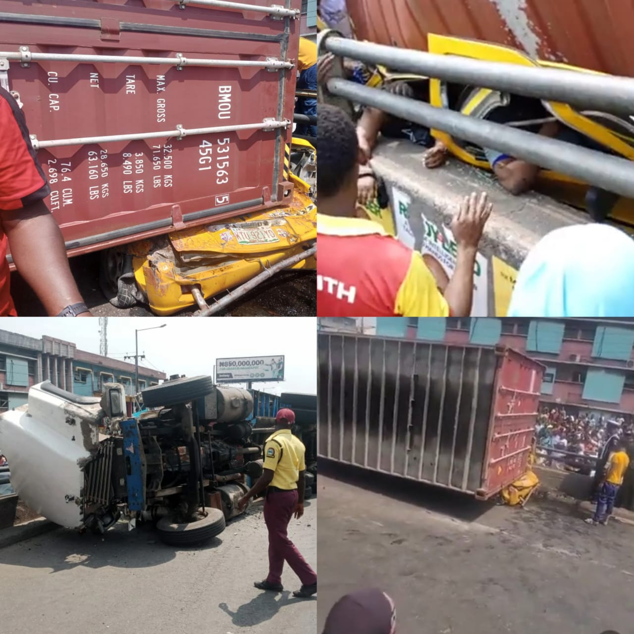 Breaking: Panic As Container falls on fully-loaded commercial bus in Lagos (graphic photos/video)
