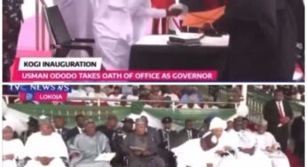 Drama as new Kogi deputy governor prostrates for immediate past governor, Yahaya Bello, after taking oath of office (video)