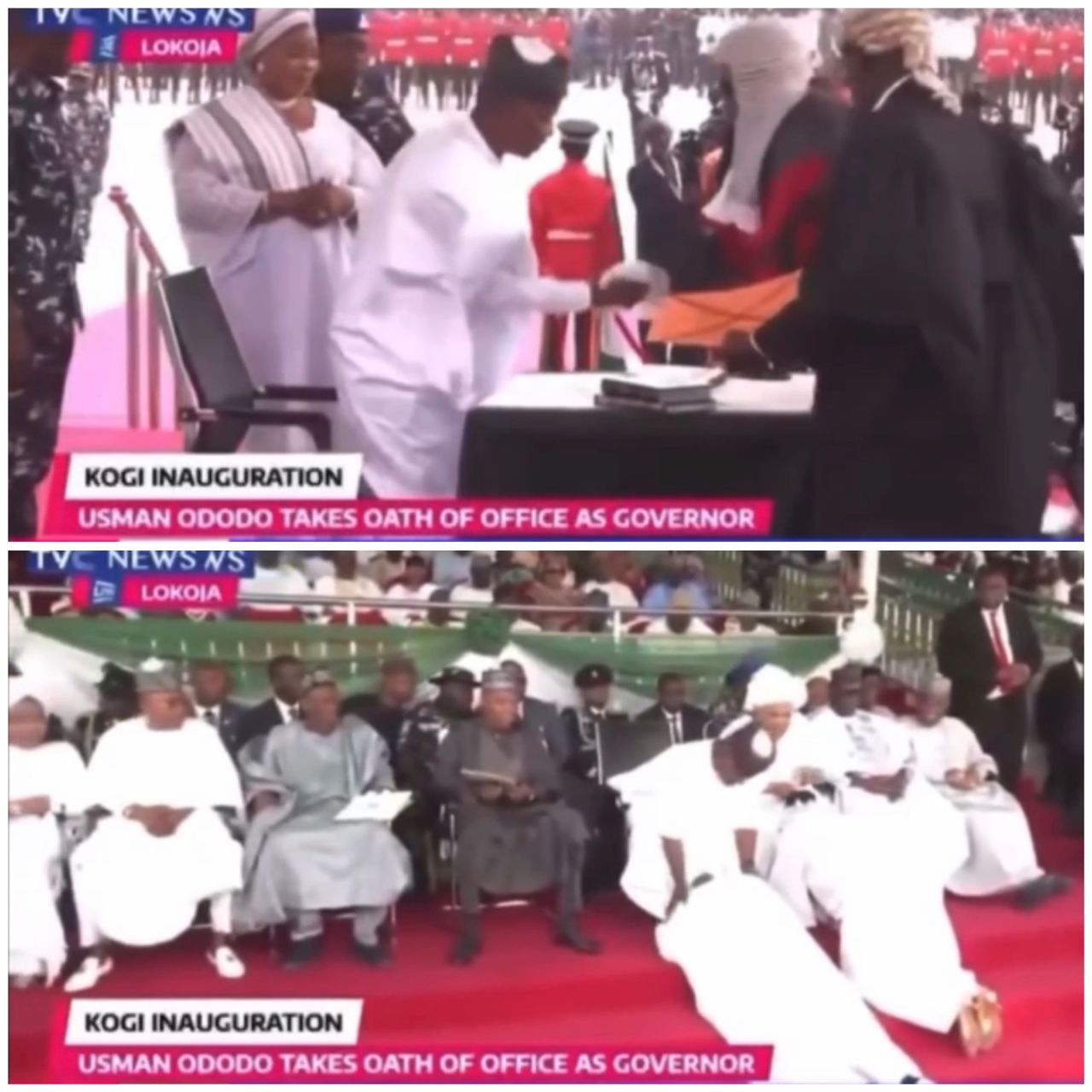 Drama as new Kogi deputy governor prostrates for immediate past governor, Yahaya Bello, after taking oath of office (video)
