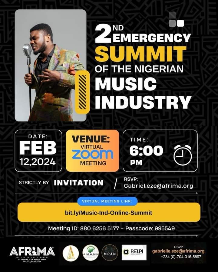 AFRIMA, PMAN, MPAN, RELPI, AMAMN, Others Hold 2nd Emergency Summit on The Nigerian Music Industry Monday, Feb 12