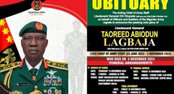 JUST IN: Burial arrangements for Late COAS, Taoreed Lagbaja announced