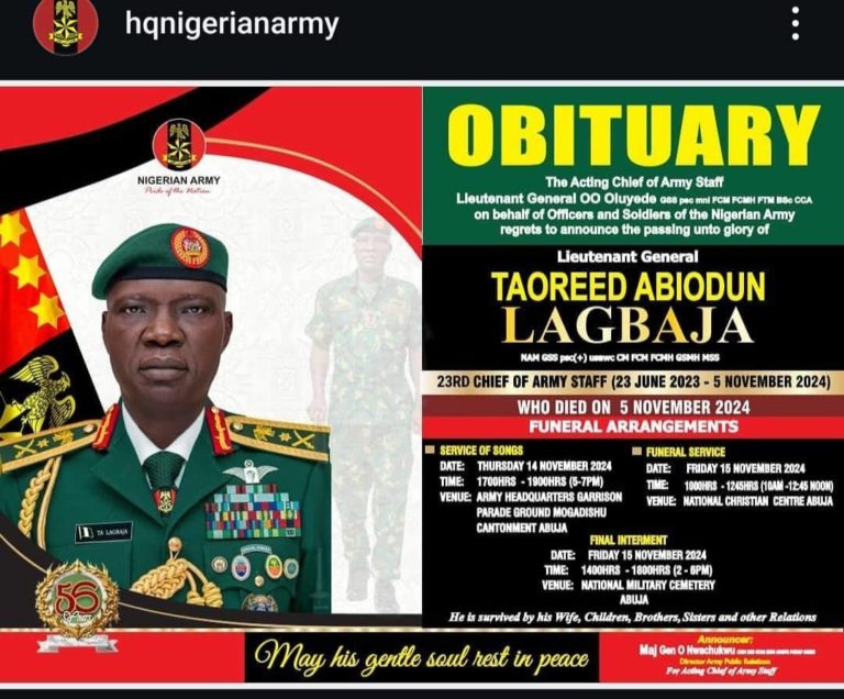 JUST IN: Burial arrangements for Late COAS, Taoreed Lagbaja announced